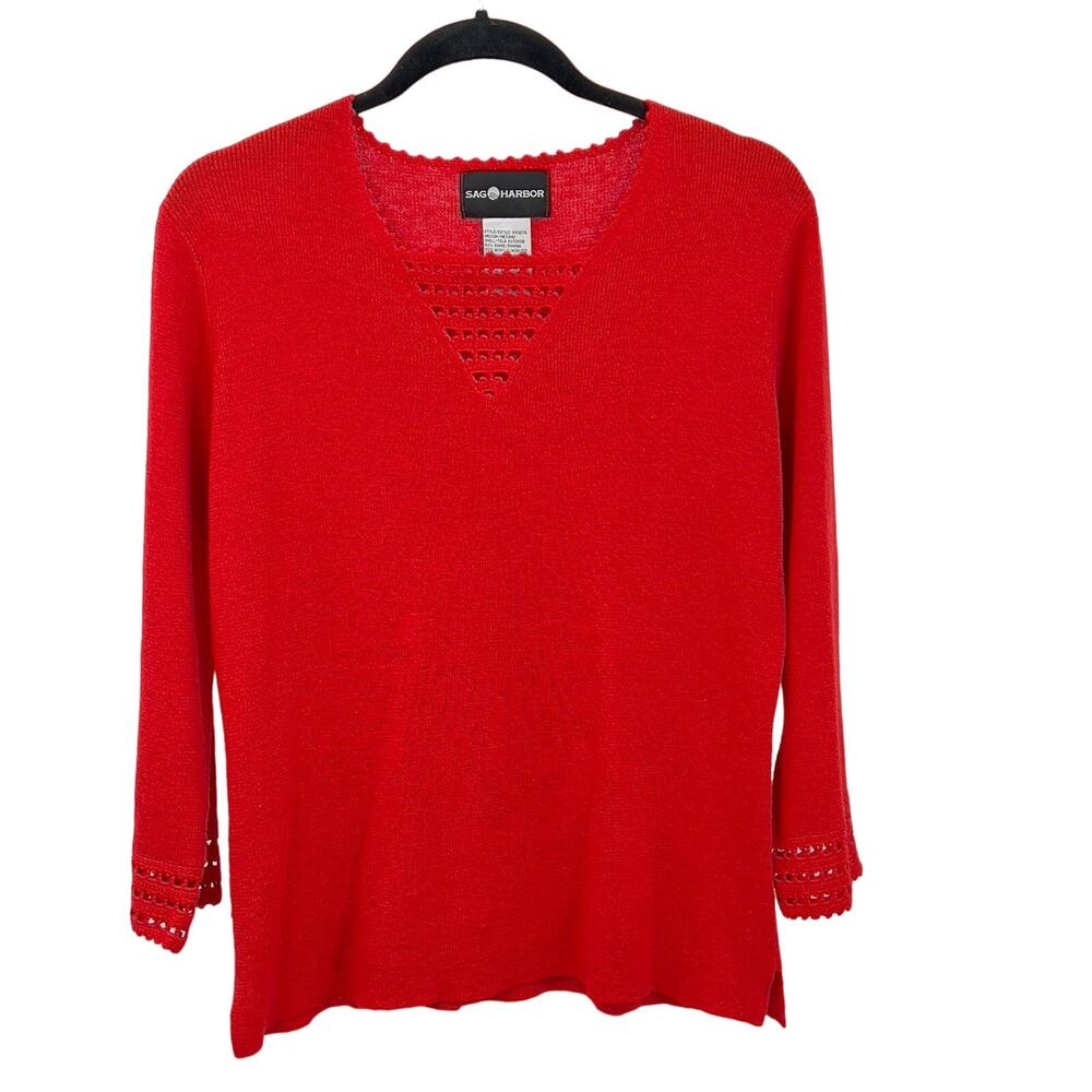 Sag Harbor Sweater WMNS M Red Crochet Scalloped Knit Ramie Blend Romantic VTG
